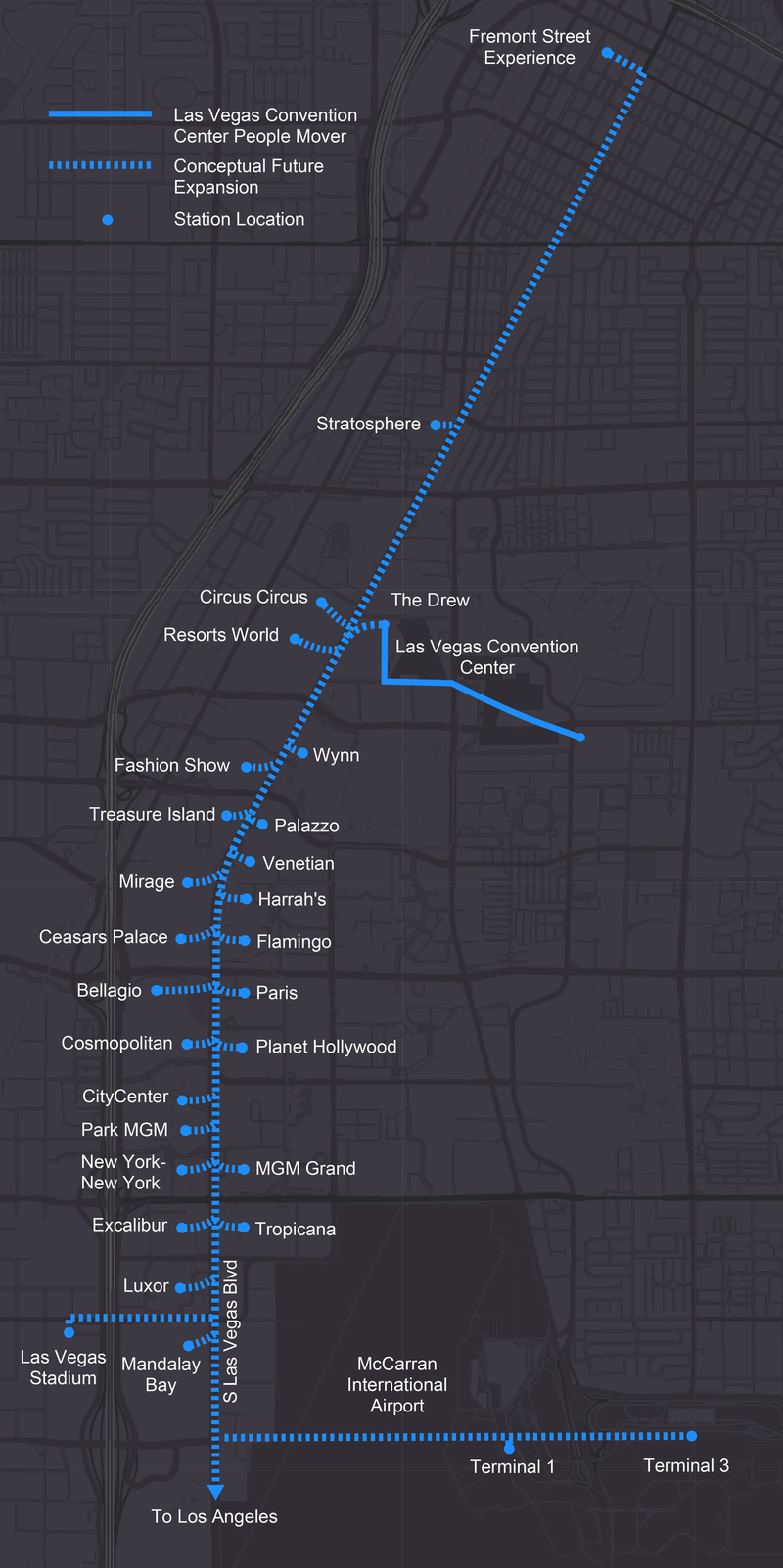 En línea continua, el túnel proyectado en Las Vegas. En línea discontinua, la expansión propuesta por The Boring Company